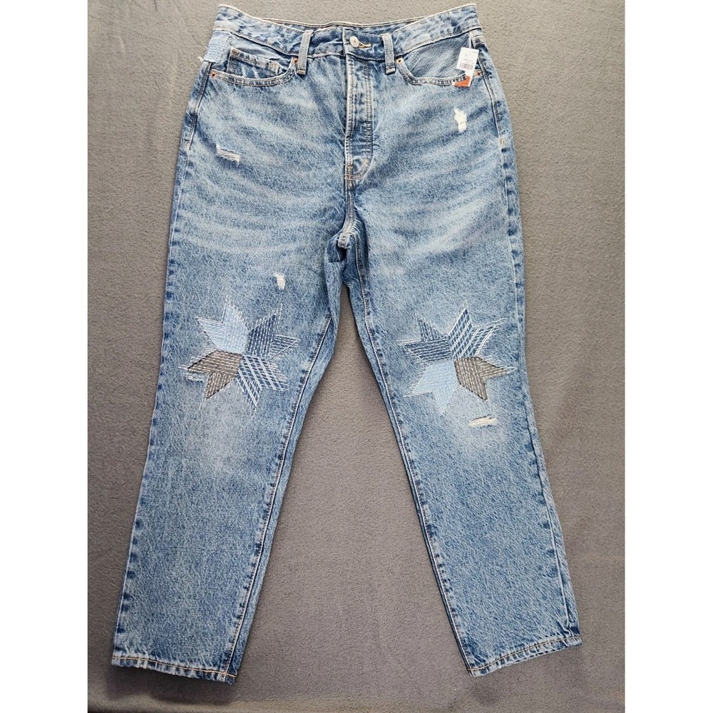 Old Navy Jeans Women 12 Star Patches O.G. Straight High Rise Button Fly Boho NWT